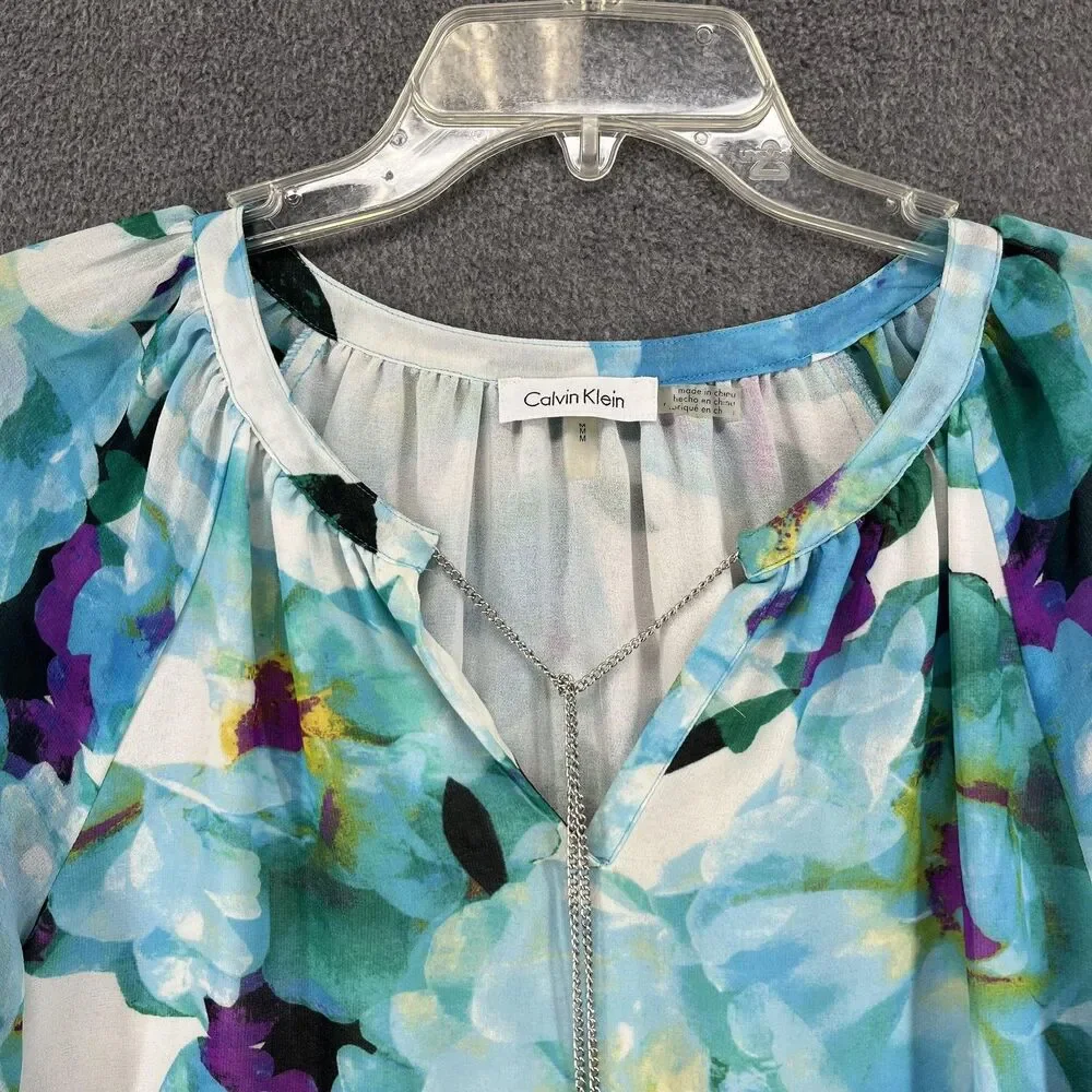 Calvin Klein Blouse Womens Medium Blue Floral Split Neck Chain Tassel Sheer‎ - Picture 2 of 16